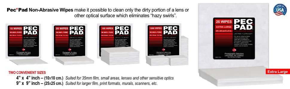 PEC-PAD Lint Free Wipes 4x4 Non-Abrasive Ultra Soft Cloth for Cleaning Sensitive Surfaces Like Camera, Lens, Filters, Film, Scanners, Telescopes, Microscopes, Binoculars. (100 Sheets Per/Pkg) - PecPad Comparison Sizes