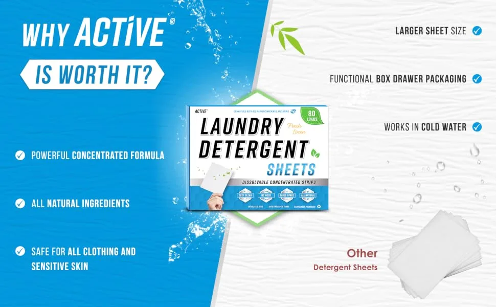 Laundry Detergent Sheets Eco Washing Strips - 80 Loads, Liquidless Fresh Scented Clothes Washer Sheet, Zero Waste Travel Laundry Strip, Dissolvable Space Saving Sheets for HE - Fresh Linen Scent - Active brand value for your money