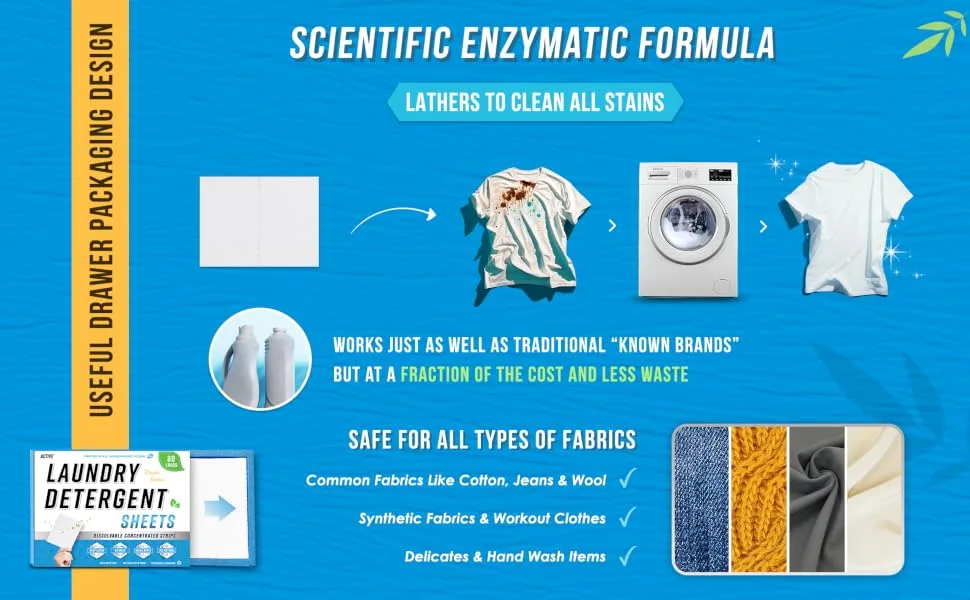 Laundry Detergent Sheets Eco Washing Strips - 80 Loads, Liquidless Fresh Scented Clothes Washer Sheet, Zero Waste Travel Laundry Strip, Dissolvable Space Saving Sheets for HE - Fresh Linen Scent - ACTIVE Recommended Sustainable Detergents