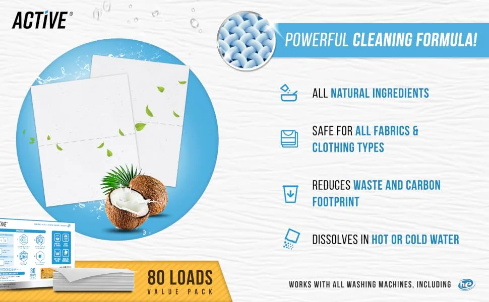 Laundry Detergent Sheets Eco Washing Strips - 80 Loads, Liquidless Fresh Scented Clothes Washer Sheet, Zero Waste Travel Laundry Strip, Dissolvable Space Saving Sheets for HE - Fresh Linen Scent - Compact and Liquidless Slim Detergent Sheet