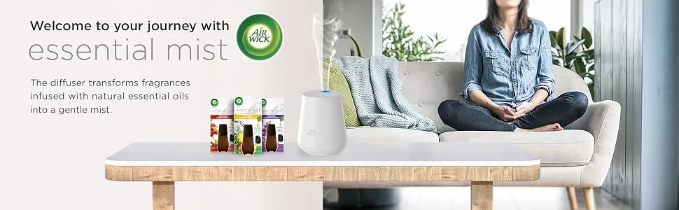 Air Wick Essential Mist Starter Kit (Diffuser + 2 Refills), Lavender and Almond Blossom, Essential Oils Diffuser, Air Freshener 3 Piece Set Brown - Welcome to your journey with Air Wick Essential Mist