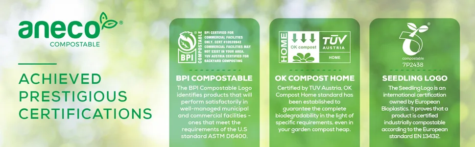 ANECO 100% Compostable Trash Bags 2.6 Gallon, Extra Thick Kitchen Compost Bags, Small Compostable Bags for Countertop Bin (100 Count) - aneco