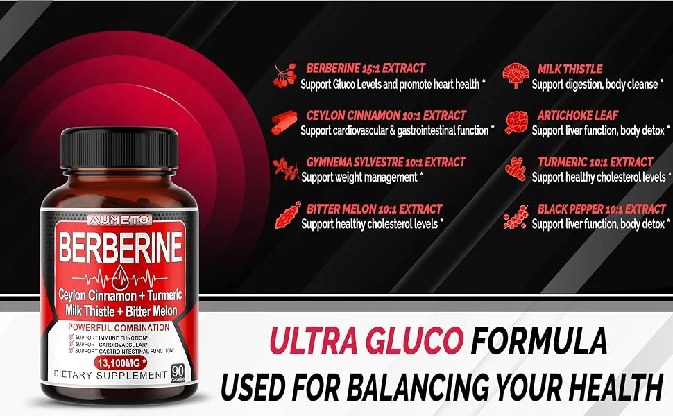 Berberine 13100mg with Ceylon Cinnamon Turmeric Milk Thistle Bitter Melon Maximum Potency Glucose Immune Heart Support - 90 Days Supply (90 Count (Pack of 1)) - Aumeto Berberine supplement