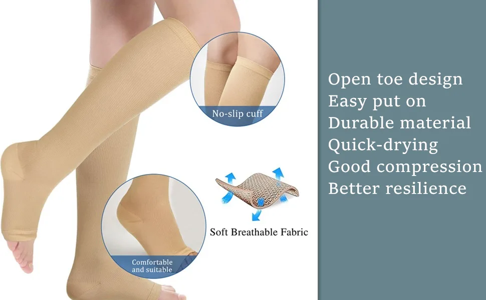 3 Pairs Open Toe Compression Socks Women Knee High Toeless 15-25 mmHg (S/M) Beige Medium (6 Count) - Blahhey