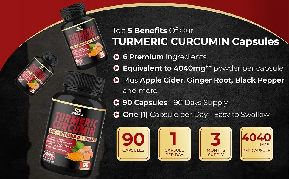 Turmeric Curcumin Supplement 4040 mg - 95% Curcuminoids with Ginger, Apple Cider Vinegar, Black Pepper - Supports Joint, Antioxidant & Immune System - 3 Month Supply - Turmeric Curcumin 90Caps Details