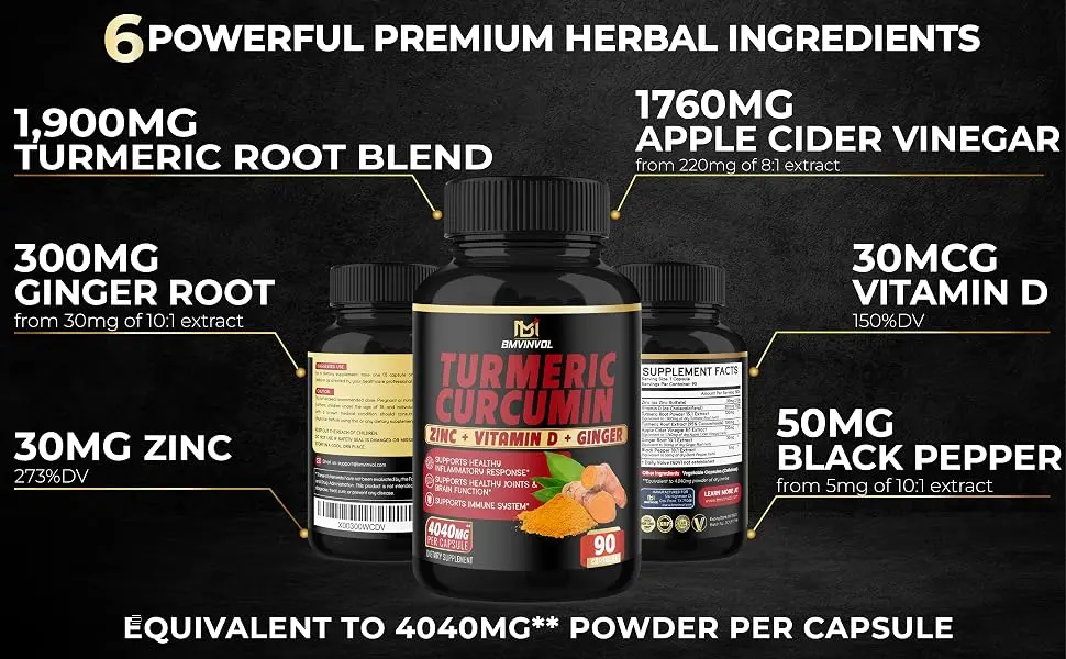 Turmeric Curcumin Supplement 4040 mg - 95% Curcuminoids with Ginger, Apple Cider Vinegar, Black Pepper - Supports Joint, Antioxidant & Immune System - 3 Month Supply - Turmeric Curcumin 90Caps Ingredients