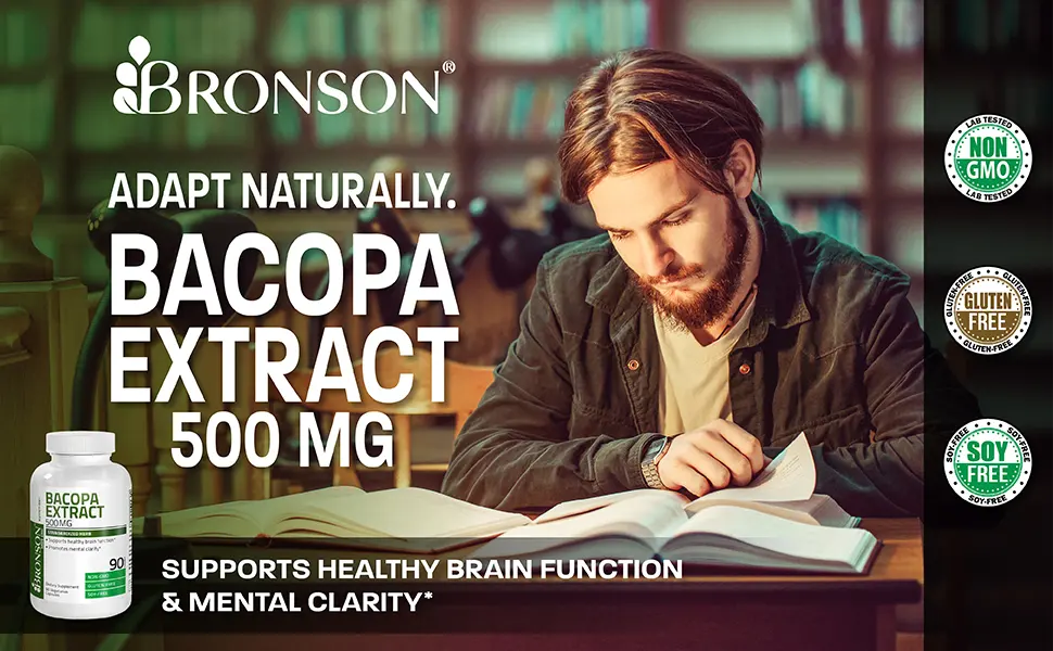 Bronson Bacopa Monnieri Extract 500 mg - Promotes Mental Clarity and Brain Function - Non GMO, 90 Vegetarian Capsules - bacopa extract