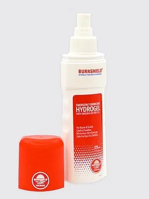 Burnshield Premium Hydrogel Burn Spray 4.5 oz (125 ml) - 2 Count - BURNSHIELD BOTTLE WITH CAP OFF angled NEW