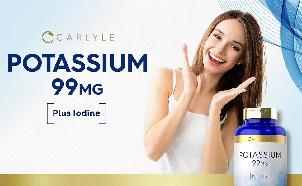 Potassium 99mg | Plus Iodine | 500 Vegetarian Tablets | Non-GMO and Gluten Free Supplement | by Carlyle - Potassium