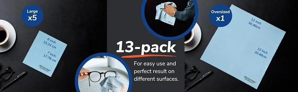 Elite Tech Gear Microfiber Cloth - 13-Pack Oversized Microfiber Cleaning Cloths. Washable High Tech Eyeglass Cleaning Cloths for Electronics, Glasses, Screens and Lenses. Sizes 6" x 7" and 12" x 12" - 13 pack