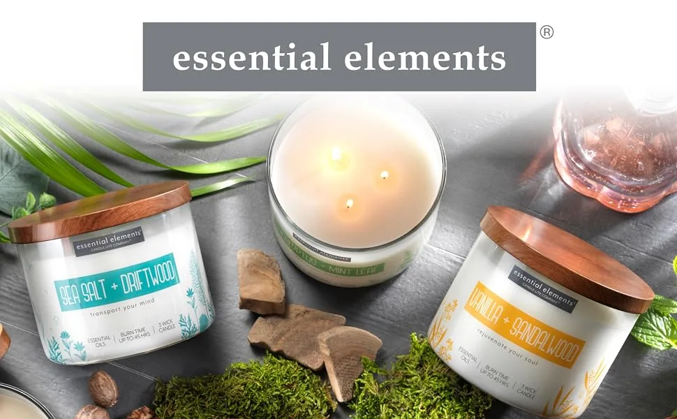 Essential Elements by Candle-lite Scented Candles, Eucalyptus & Mint Leaf Fragrance, One 14.75 oz. Three-Wick Aromatherapy Candle with 45 Hours of Burn Time, Off-White Color Eucalyptus & Mint 14.75 oz - essential elements