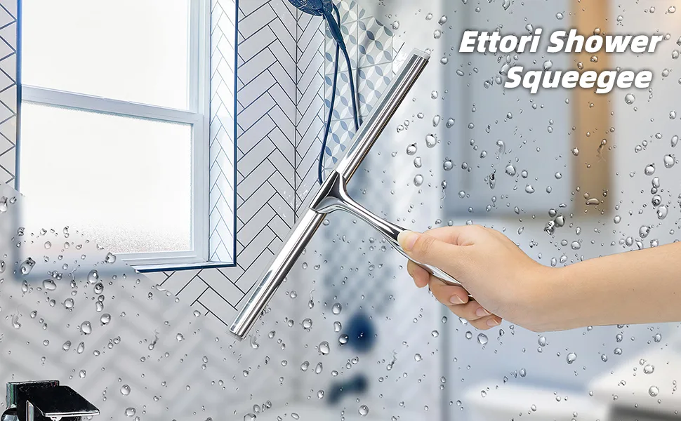 Ettori Shower Squeegee Clear Glass Wall Cleaner Stainless Steel with Suction Storage Hook -10'', Chrome - shower squeege