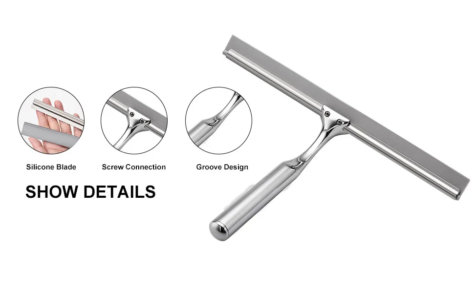 Ettori Shower Squeegee Clear Glass Wall Cleaner Stainless Steel with Suction Storage Hook -10'', Chrome - shower squeegee