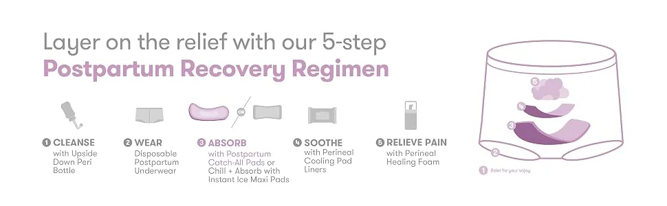 Frida Mom Postpartum Maternity Catch-All Pads for Maximum Absorbancy - 18 ct, White - layer on the relief with our 5 step regimen
