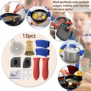 13 Pieces Hot Handle Holder Silicone Set, Cast Iron Cleaner Kit Chainmail with Bamboo Scrub Brush, Grill Pan Scraper Tool, Heat Resistant Skillet Assisit Handle Grips - Multiple Usages