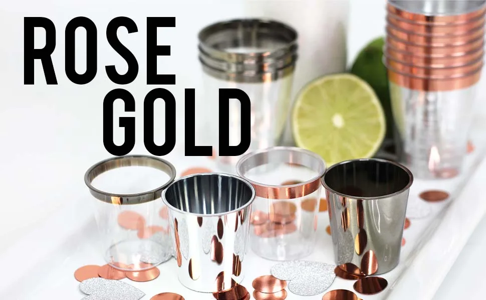 Just Artifacts 1oz Plastic Shot Glasses (120 pcs, Rose Gold) Rose Gold Solid 120 Count (Pack of 1) - Rose Gold Banner 2