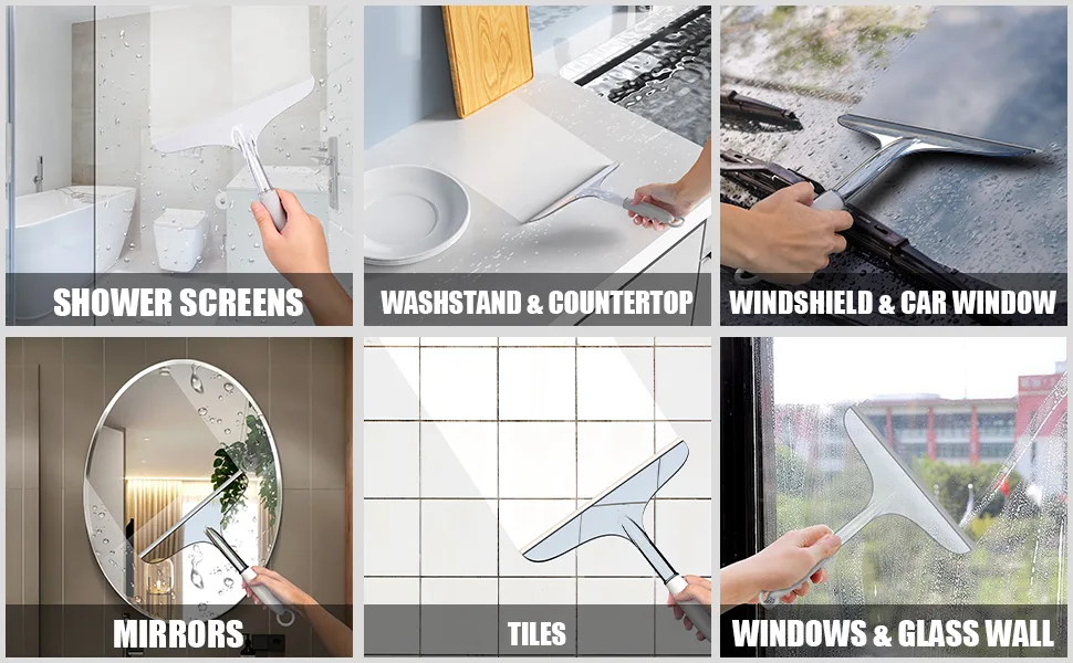 Shower Squeegee for Shower Glass Door Bathroom Tile and Mirror, Streak-Free Rubber Squeegee Wiper Cleaning Tools 2pcs With Hook - multiple usage
