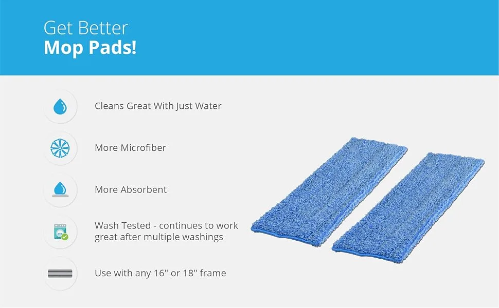 18" Absorbent Microfiber Wet Mop Pad - Reusable, Machine Washable, Refills (2 Pack) 2 Count (Pack of 1) - 18 inch Professional Microfiber Mop Pad Refills