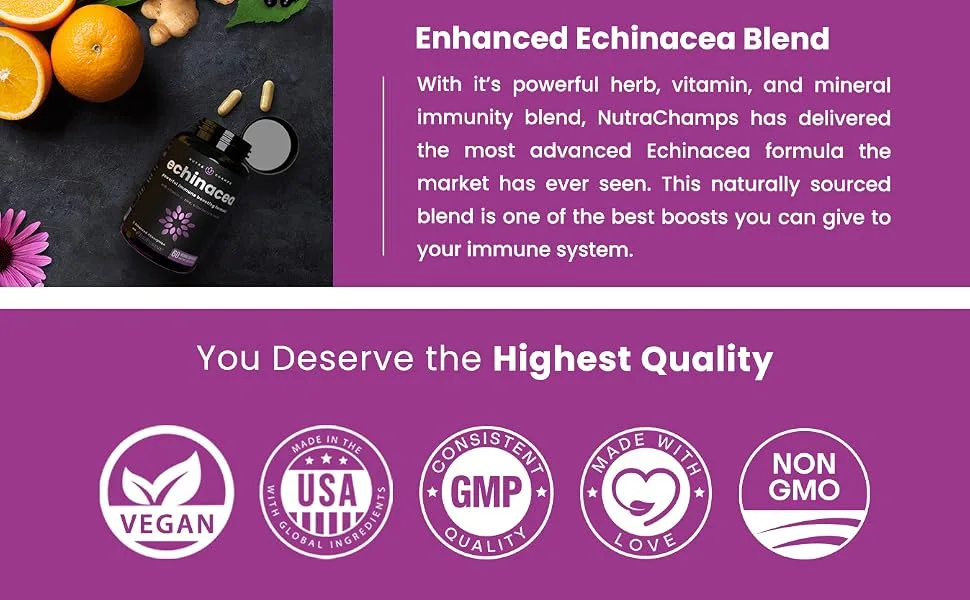 Echinacea Goldenseal 1000mg with Elderberry, Vitamin C, Zinc & Ginger | Immune Boost Vegan Echinacea Capsules with Goldenseal Root & BioPerine for Absorption | Premium Echinacea Root Supplement - immune system vitamin