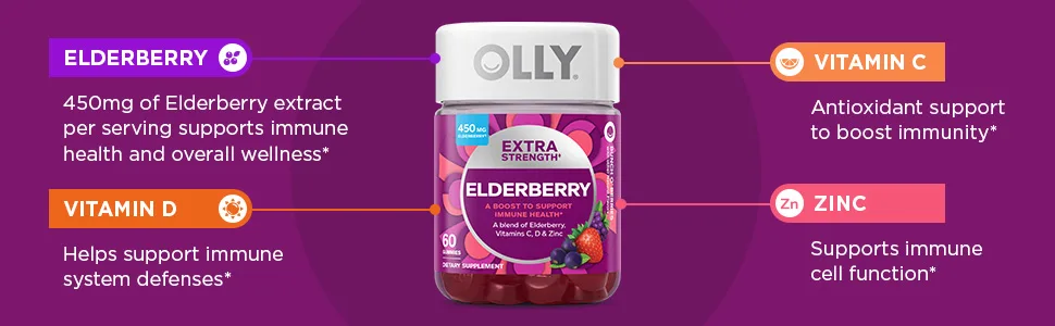 OLLY Extra Strength Elderberry Gummies, Immune Support, 450mg Elderberry, Vitamin C, D and Zinc, Berry - 60 Count 60 Count (Pack of 1) - image