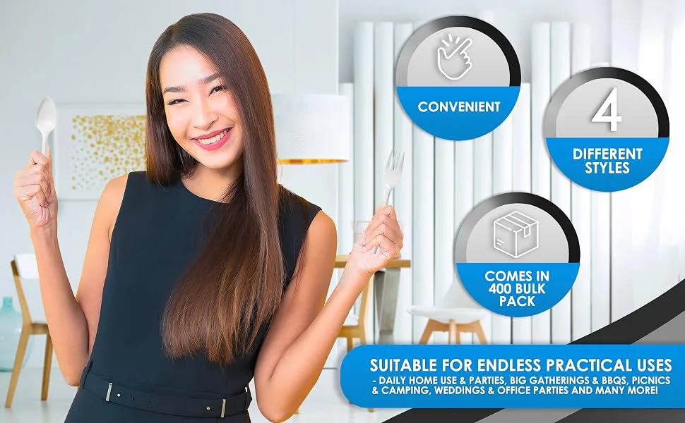 PAMI Medium-Weight Disposable Plastic Forks 400-Pack - Bulk White Plastic Silverware For Parties, Weddings, Catering Food Stands, Takeaway Orders & More- Sturdy Single-Use Partyware Forks - product information 6