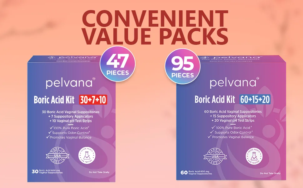 Pelvana Boric Acid Suppositories 60 + 15 Applicators + 20 pH Test Strips  95 Piece Kit for Vaginal pH Balance, Odor, Itching, Dryness & Discharge 95 Piece Set - Boric acid suppositories with applicators kits that help bacterial vaginosis and yeast infections