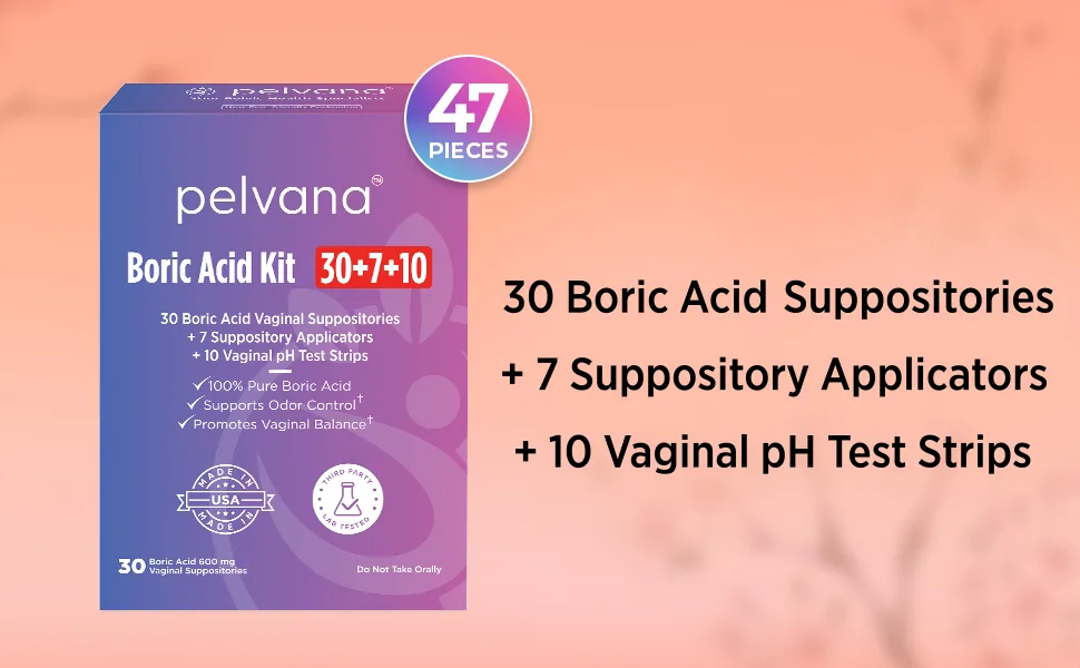 Pelvana Boric Acid Suppositories 60 + 15 Applicators + 20 pH Test Strips  95 Piece Kit for Vaginal pH Balance, Odor, Itching, Dryness & Discharge 95 Piece Set - Boric acid vaginal suppositories help with bacterial vaginosis treatment for women and vaginal odor