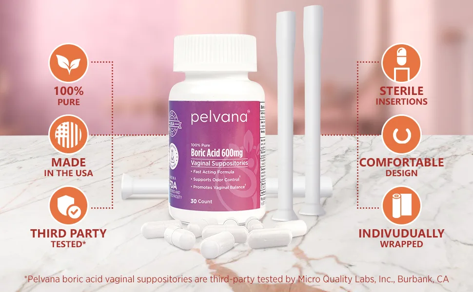 Pelvana Boric Acid Suppositories 60 + 15 Applicators + 20 pH Test Strips  95 Piece Kit for Vaginal pH Balance, Odor, Itching, Dryness & Discharge 95 Piece Set - Boric acid vaginial suppository bacterial vaginosis for yeast infection treatment for women