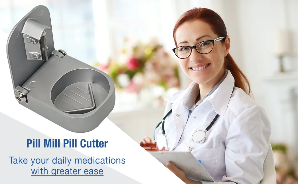 Pill Cutter Splitter with Pill Box by Pill Mill - Blade That Will Never Dull - Grip Handle Cuts Small or Large Pills with Ease - Light and Durable Tablet Divider - Perfect Medicine Slicer for Travel - Take your daily medication with greater ease by using the Pill Mill pill cutter.