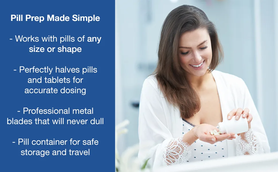 Pill Cutter Splitter with Pill Box by Pill Mill - Blade That Will Never Dull - Grip Handle Cuts Small or Large Pills with Ease - Light and Durable Tablet Divider - Perfect Medicine Slicer for Travel - This medicine cutter works with pills of any size & shape and a metal blade that will never dull.