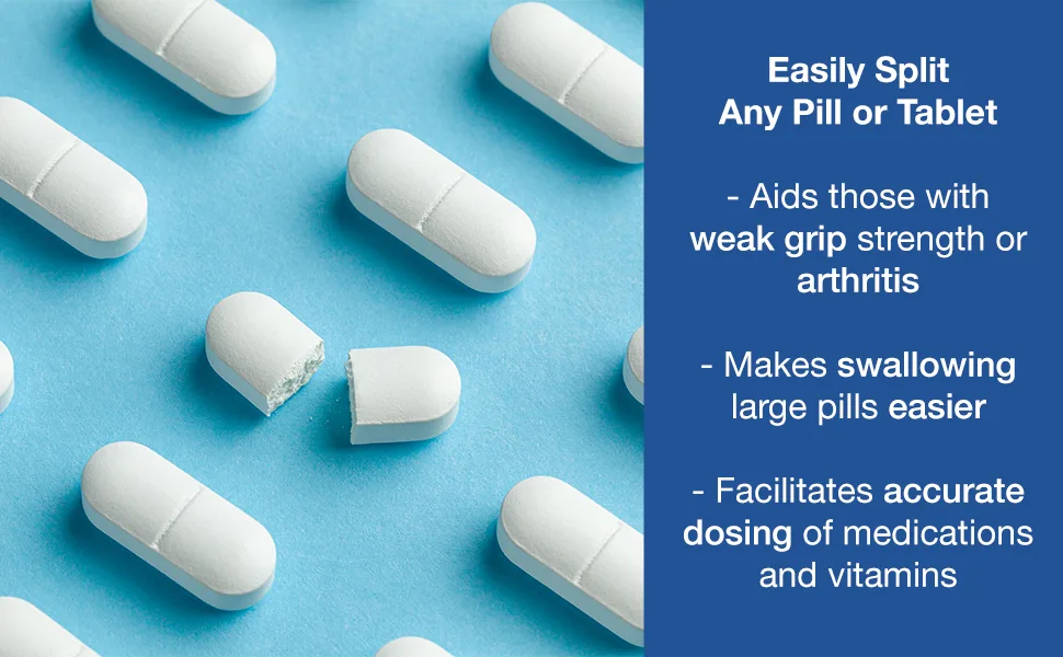 Pill Cutter Splitter with Pill Box by Pill Mill - Blade That Will Never Dull - Grip Handle Cuts Small or Large Pills with Ease - Light and Durable Tablet Divider - Perfect Medicine Slicer for Travel - This pill cutters for small or large pills is a great aid that can easily split any pill o tablet.