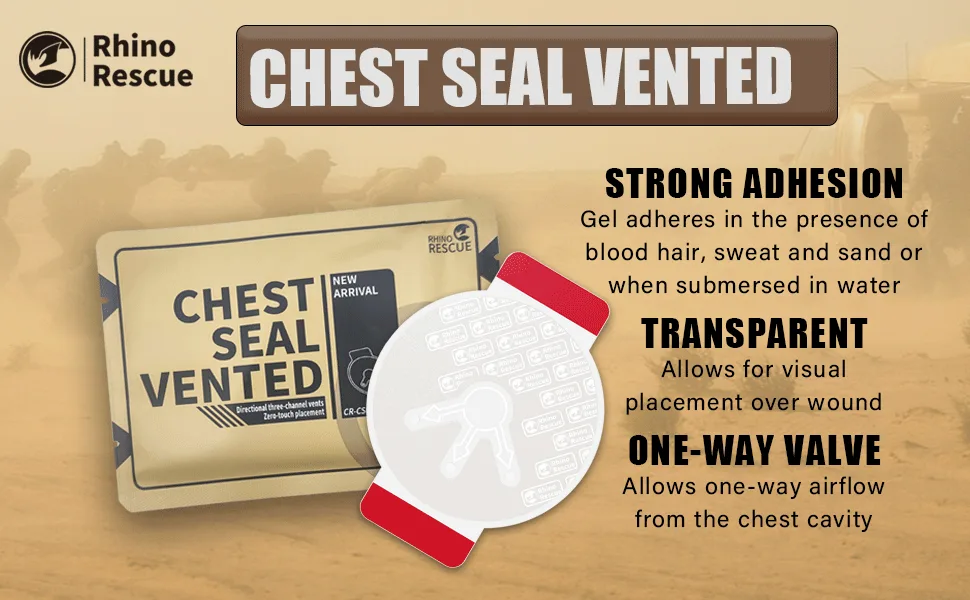 RHINO RESCUE Vent Chest Seal, Emergency Trauma Dressing, First Aid Kit Sterile, Wound Care IFAK Supplies, 2 Count - CHEST SEAL VENTED