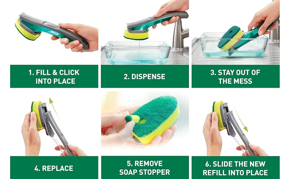 Scotch-Brite Heavy Duty Advanced Soap Control Dishwand Kit, Includes 1 Wand & 6 Refill Pads, Control Soap With A Button, Keep Your Hands Out Of Dirty Water Dishwand + 6 Refills - Scotch-Brite advanced dishwand Instructions