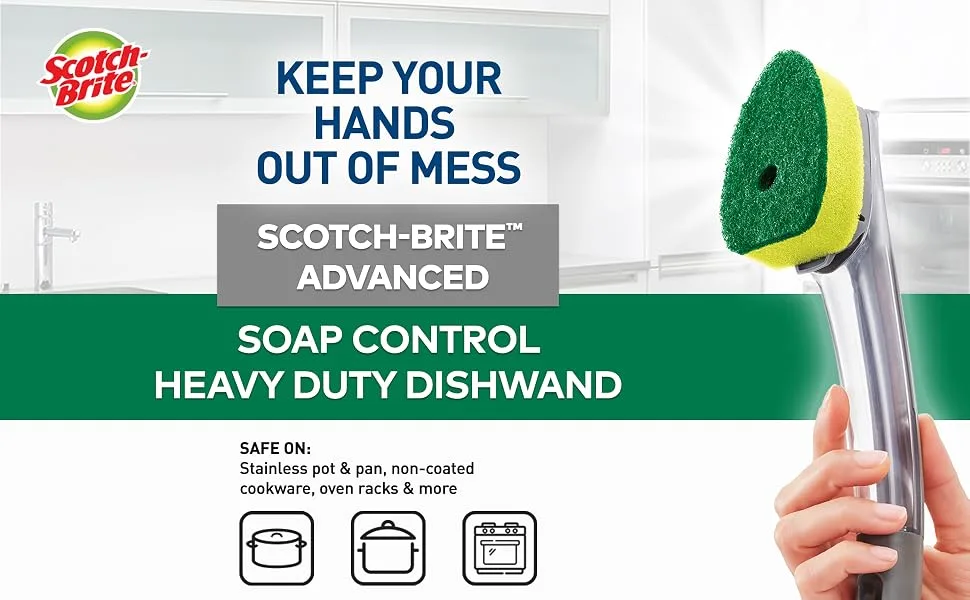 Scotch-Brite Heavy Duty Advanced Soap Control Dishwand Kit, Includes 1 Wand & 6 Refill Pads, Control Soap With A Button, Keep Your Hands Out Of Dirty Water Dishwand + 6 Refills - Scotch-Brite Dishwand Heavy Duty