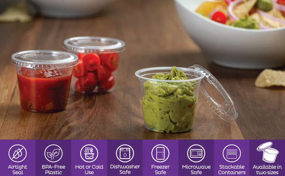 100 Sets - 5.5 oz. Plastic Clear Portion Cups, Snack / Yogurt /Parfait/ Pudding / Souffle /Dessert Cups, Disposable Containers with Lids 5.5oz. - Product Picture