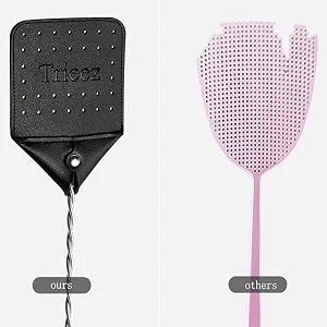 Trieez 17.5" Sturdy Leather Fly Swatter - Heavy Duty Flyswatter with Durable Metal Handle, Rustic Bug Swatter for Flies, Bees, and Mosquitoes - Black - Sturdy Leather Fly Swatter