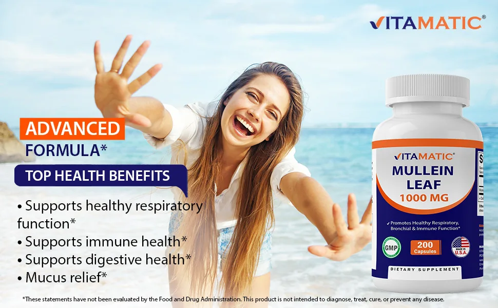Vitamatic Mullein Leaf 1000mg per Serving - Supports Healthy Respiratory, Bronchial & Immune Function - 200 Capsules - Mullein