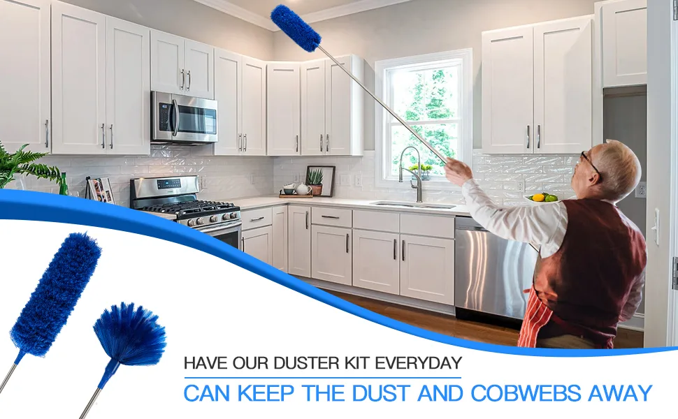 Ceiling Fan Duster with Extension Pole, Cobweb & Corner Brush Cleaning Kit w 2 Duster Heads for Cleaning,15- 100 Inch Long Handle Aluminum Telescoping Pole, Washable(Blue) - product information 1