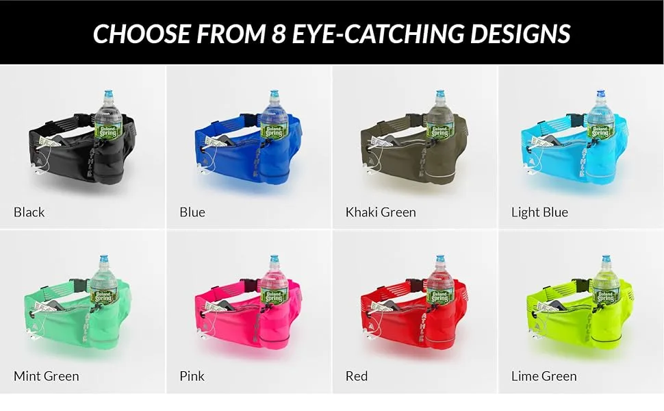 Athle Sport Running Belt with Vertical Bottle Pocket Black - Choose From 8 Eye-Catching Designs