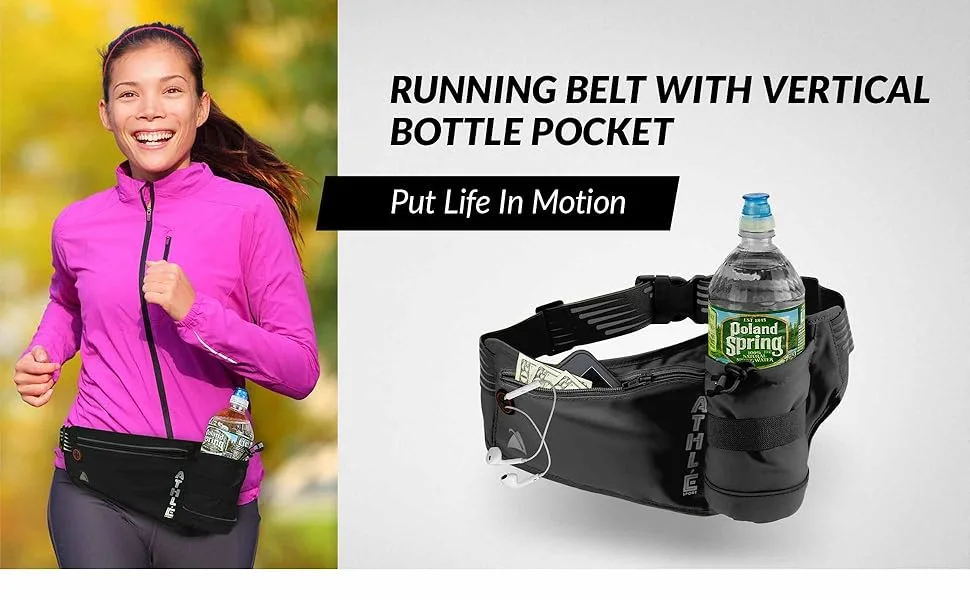Athle Sport Running Belt with Vertical Bottle Pocket Black - Running Belt with Vertical Bottle Pocket