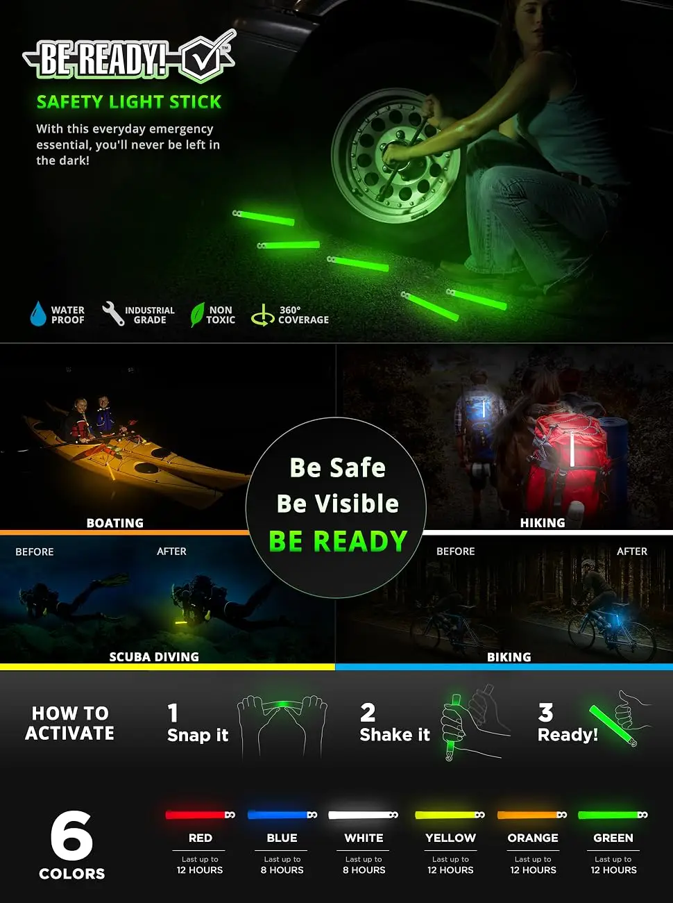 Be Ready Yellow Glow Sticks - Industrial Grade 12 Hour Illumination Emergency Safety Chemical Light Glow Sticks 12 Pack - product information 1
