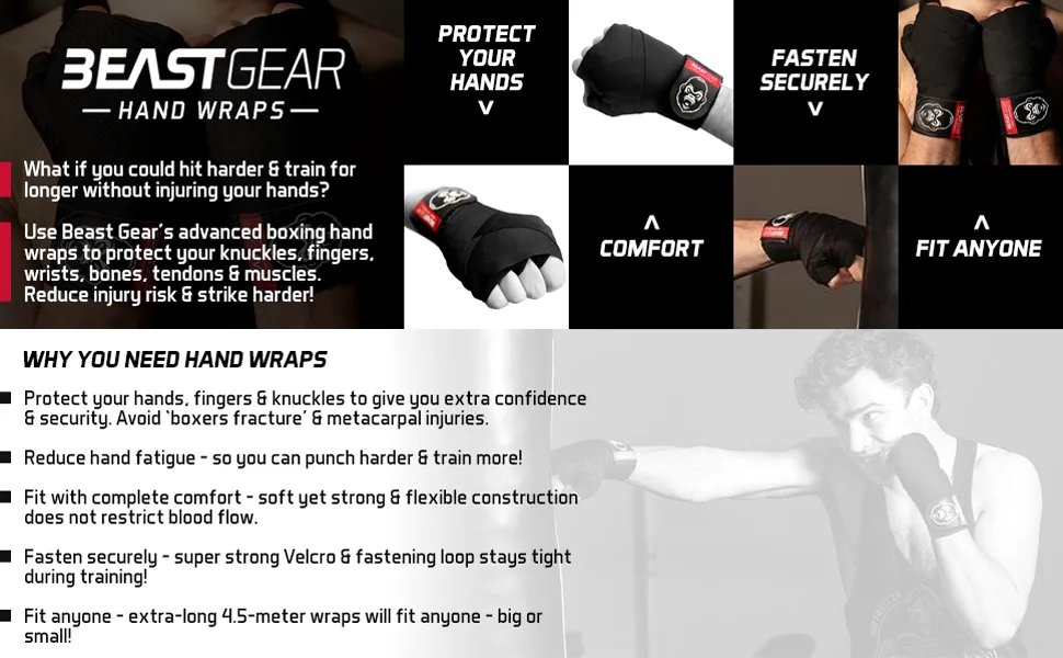 Beast Gear Boxing Wraps - Hand Gloves for Kickboxing, Martial Arts - hand wraps