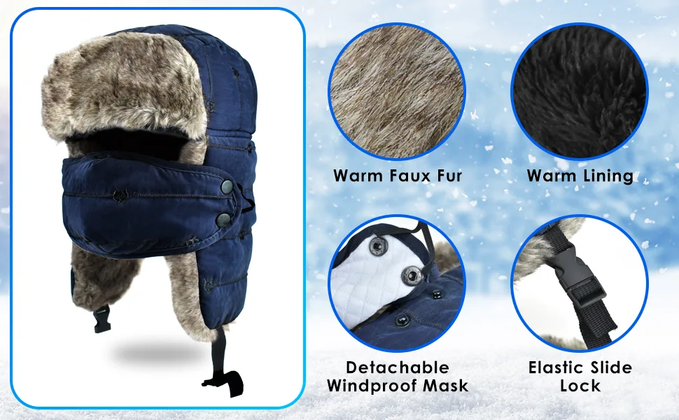 BROTOU Trapper Hat, Winter Warm Trooper Hats with Ear Flaps and Mask, Bomber Hat for Men/Women, Fur Lined Ushanka Hat Black - product information 3