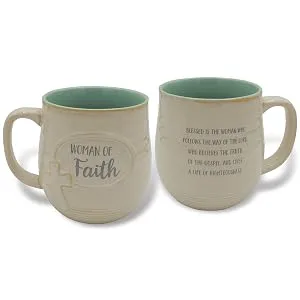 Abbey & CA Gift Courageous Woman Pottery Mug - White pottery mug with light blue inside and cross detail says woman of faith