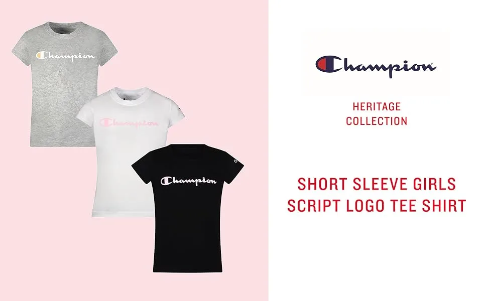 Champion Girls Heritage Short Sleeve Script Logo Tee Shirt Big and Little Girls (Large, Light Sea Green) - Short Sleeve Girls Script Logo Tee Shirt