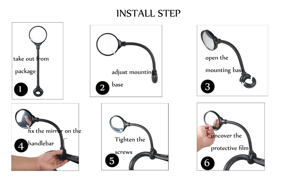Bike Mirror Rotatable And Adjustable Wide Angle Rear View Shockproof Convex Mirror Universal For Bike Bicycle - install step