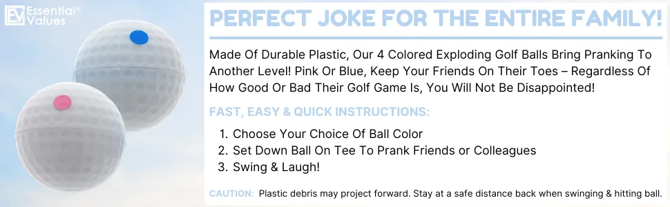 Essential Values Exploding Golf Balls (4 Balls)  Gender Reveal Golf Ball, Prank Golf Balls, Trick Golf Balls for Practical Jokes and Golf Theme Gender Reveal Parties - Exploding balls for golf