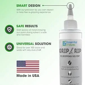 Essential Values Golf Grip Kit (8 Fl Oz) | Made in USA, Golf Solvent - Double The Solution Compared to Other Brands - Excellent for Quick & Easy Regripping of Golf Clubs 8 Fl OZ + 14 Strips - solvent