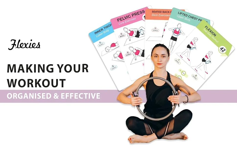 Flexies Pilates Ring Workout Cards -58 Exercise ring Card with Pilates circle Work Out Posture, Instruction & Breathing Tips | Free Dry-Erase Marker & Binding ring|Pilates Equipment Thigh Master guide - pilates ring yoga ring magic circle pilates ring pilates ring circle pilates wheel pilates circle