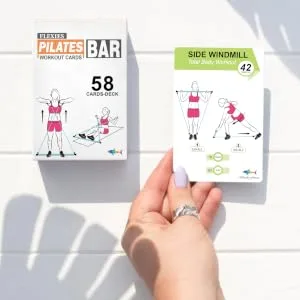 Flexies Pilates Bar Workout Cards - 58 Exercise Cards with Pilates Stick Work Out Postures, Instructions & Breathing Tips | Free Ring & Dry-Erase Marker to Create Your Customize Workout Planner chart - multi-functional pilates bar portable pilates studio Workout Guide Chart, Poster home workout cards